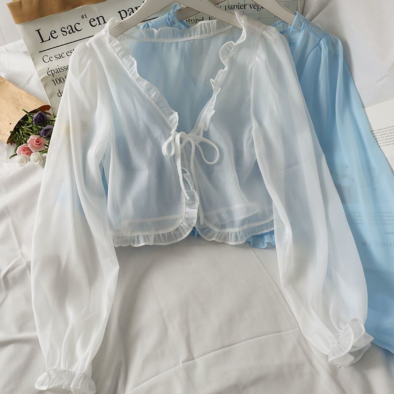 Women's Sun Protection Cardigan Thin Shawl Summer Outer Blouse Tulle Chiffon Top