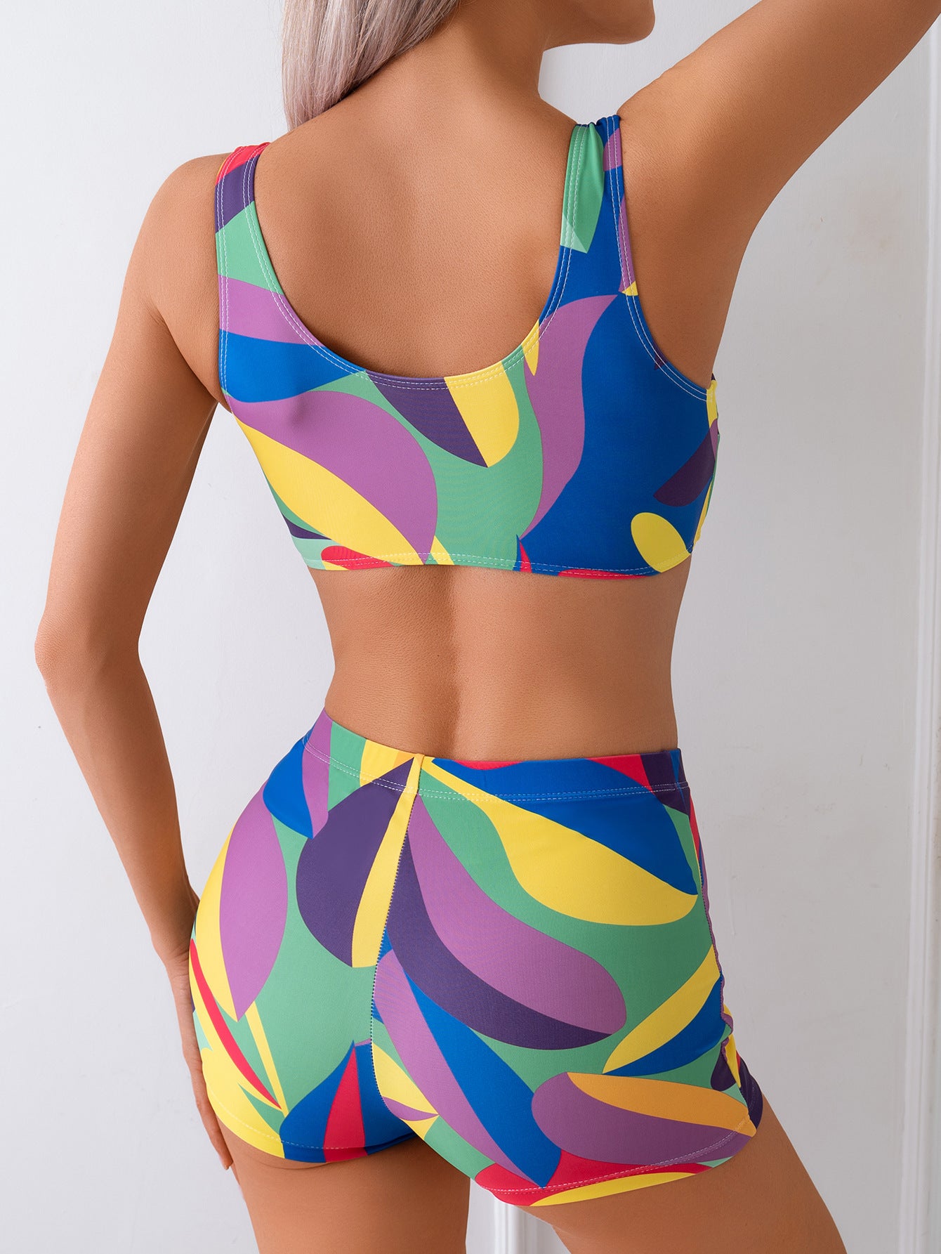 Digital Printing Color Matching Bikini Set High Waist Boxers Split Swimsuit