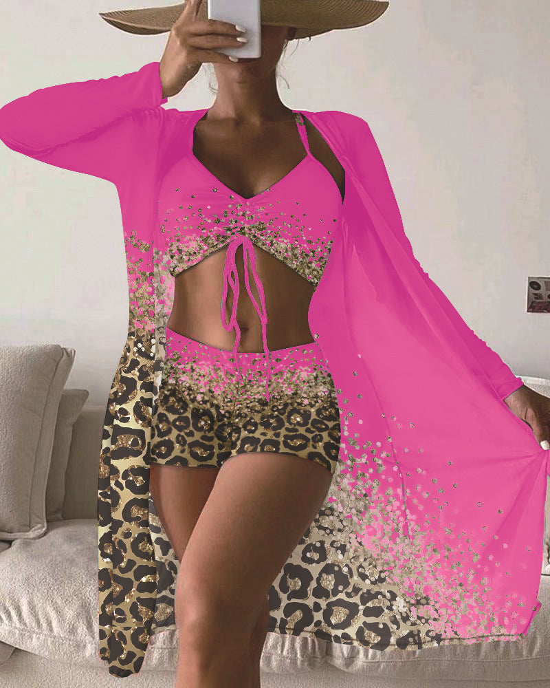 Three-Piece Bikini Set with Printed Split Boxers