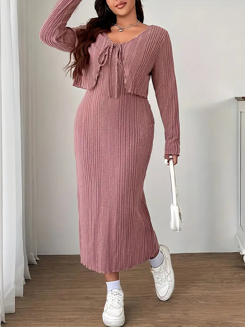 Women's Plus Size Lace-Up Knitted Suspender Dress Two-Piece Set Long Sleeve Autumn Winter Casual Outfit