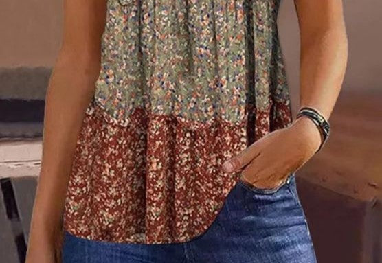 Summer New Printed V Neck Short-Sleeved Color Matching Versatile Fashion T-Shirt Top for Women