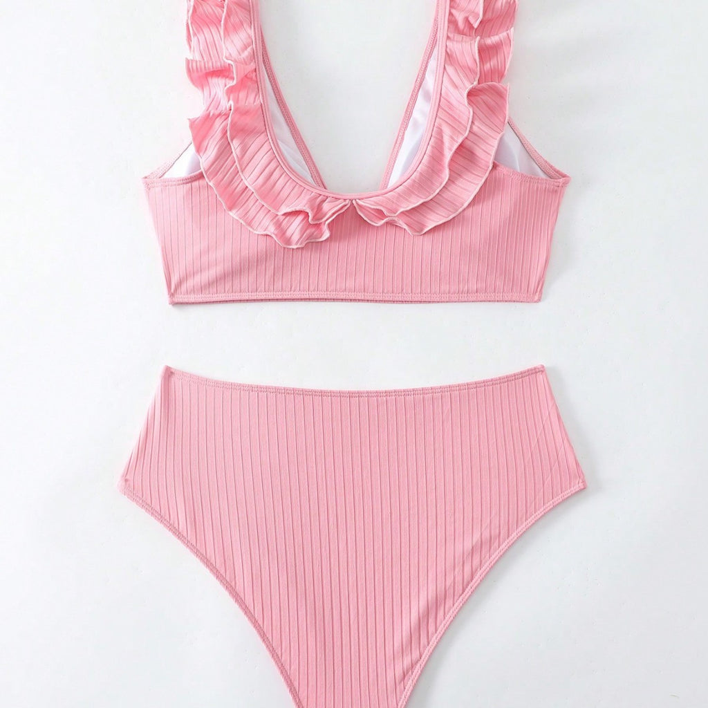 New Solid Color Ruffled Two-Piece Bikini Swimsuit for Women