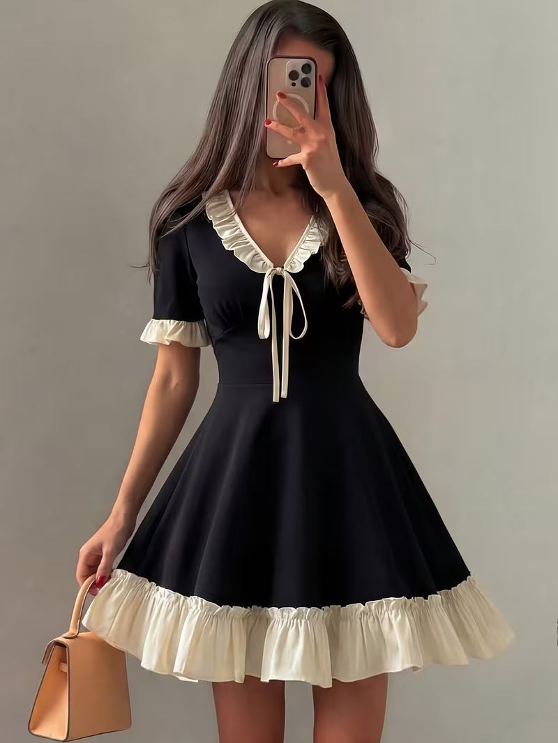Women's Summer Contrast Color V-Neck Ruffle Tie-Waist A-Line French Style Mini Dress