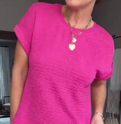 Summer New Casual Solid Color Round Neck Short Sleeve Pocket Dress