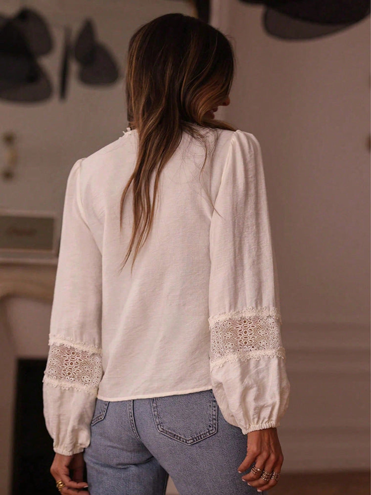 Women's Floral Lace Embroidered Loose V-Neck Shirt – Elegant Casual Long Sleeve Blouse