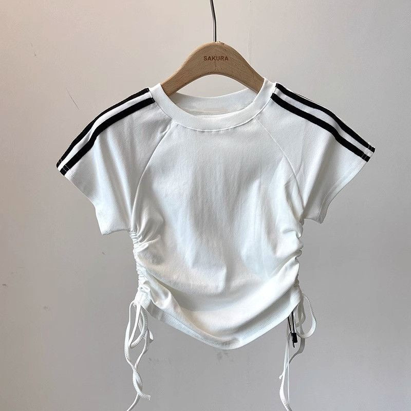 Girls' Summer Striped Short-Sleeve T-Shirt with Drawstring - RAC26JP5503BATT