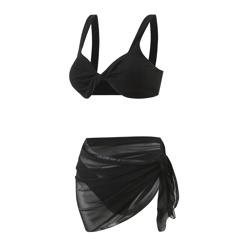 Solid Color Twist Bag Shoulder Strap Bikini with Gauze Skirt - 3-Piece Swimsuit Set