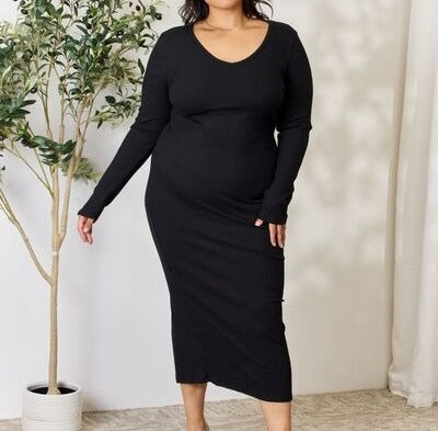Women's Culture Code Full Size Ribbed Long Sleeve Midi Slit Dress