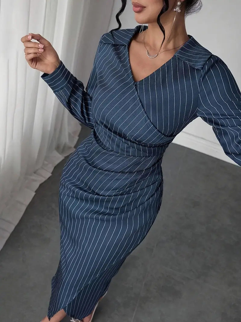 Women's Elegant Striped Irregular Hem Long Dress with Waist-Defining Fit and Long Skirt