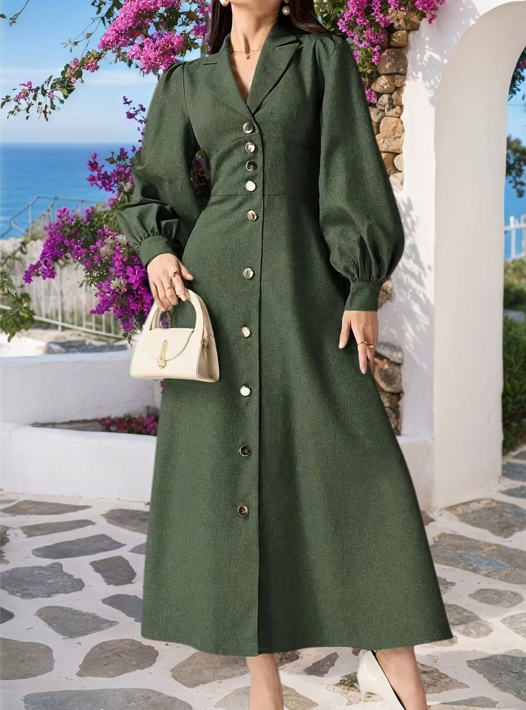 Women's Solid Color Puff Sleeve Button Front Casual Midi Dress