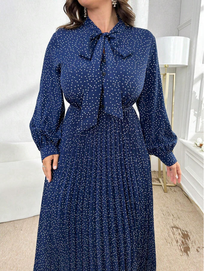Women's Elegant Pleated Polka Dot Tie-Up Long Dress – Waist-Cinching Maxi Dress with Long Sleeves