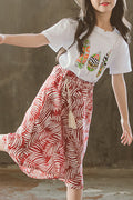 Kids Girls Splendid Leaf Printed Short Sleeve Elastic Bottom Summer Outfit Set