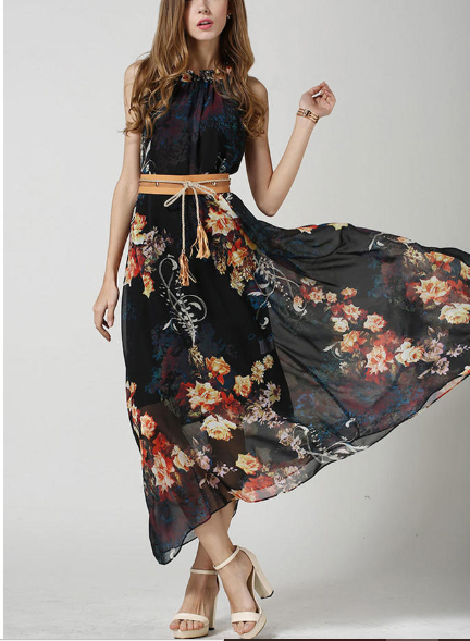 Sleeveless High Waist Printed Chiffon Dress