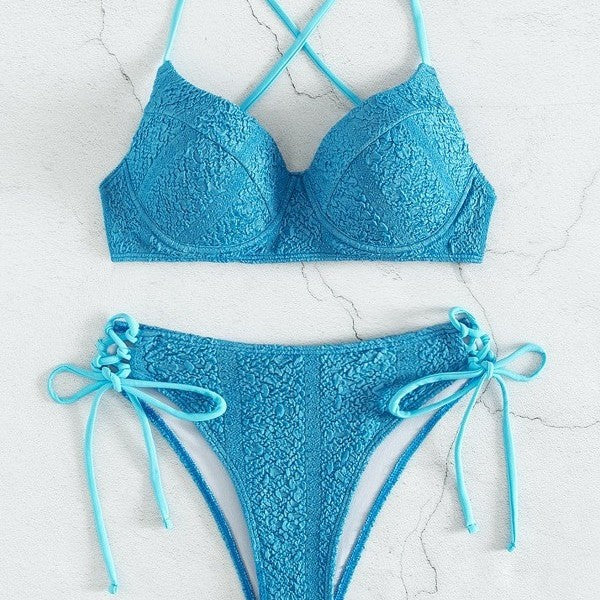 New Solid Color Special Fabric Lace-Up Neck Bikini Split Swimsuit