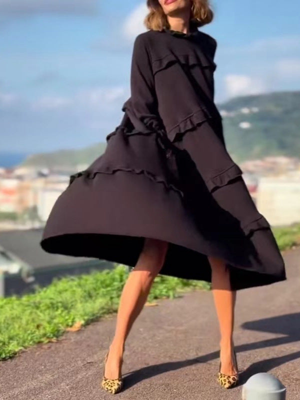 Women's Long-Sleeved Splicing Round Neck Ruffle Dress