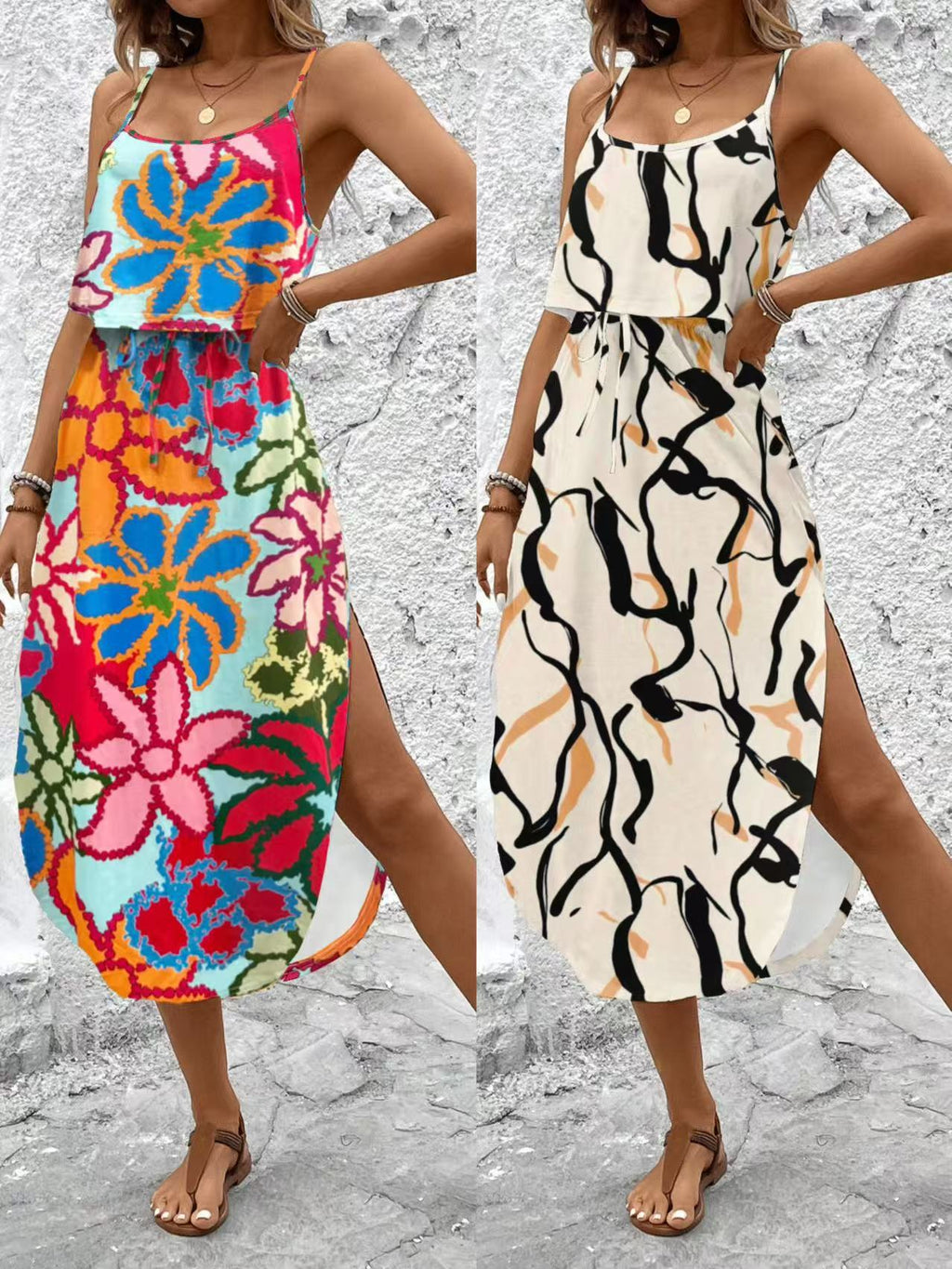 Women's New Style Printed Strap Hem Maxi Dress Casual Summer Vacation Sundress