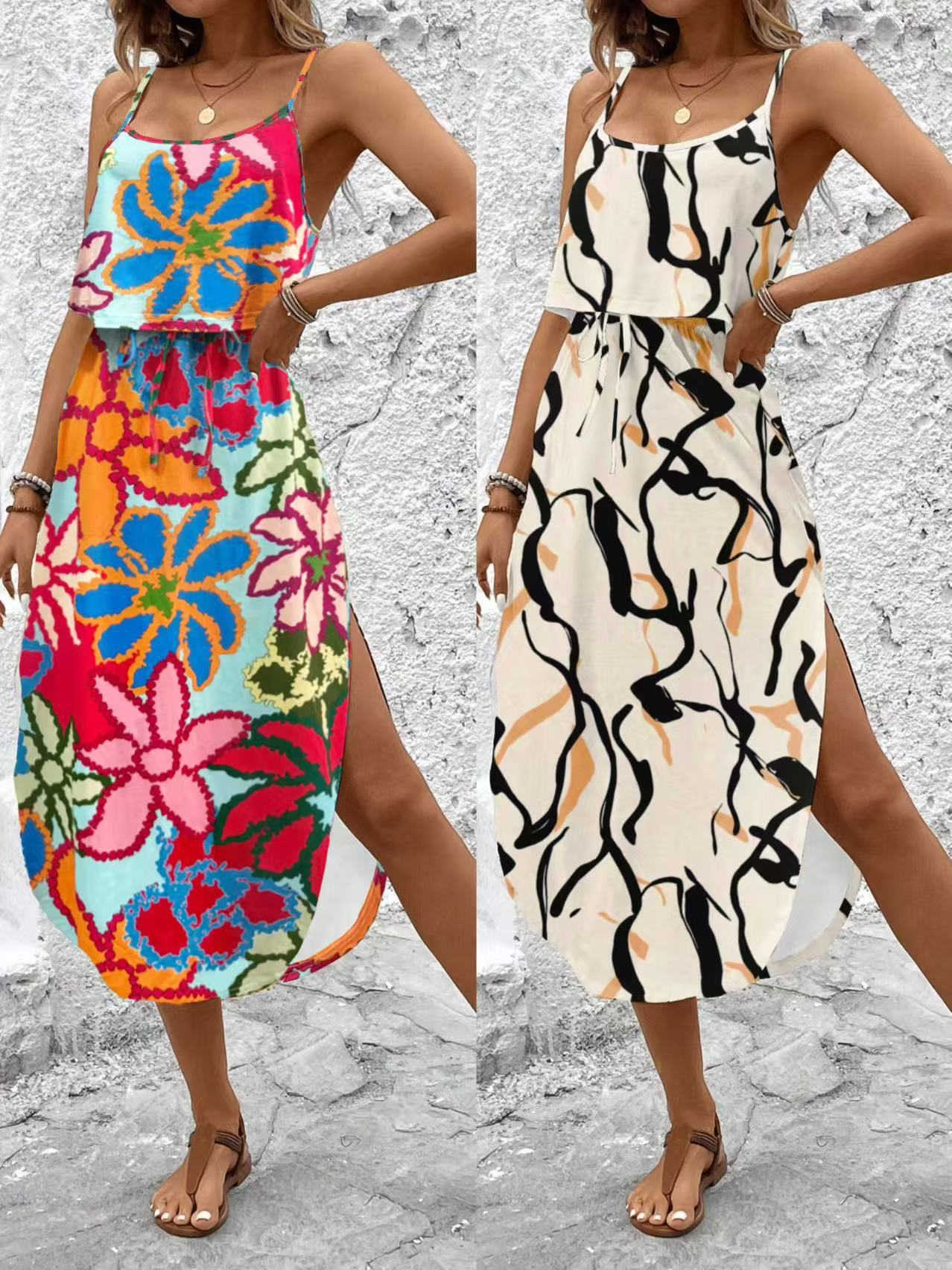 Women's New Style Printed Strap Hem Maxi Dress Casual Summer Vacation Sundress