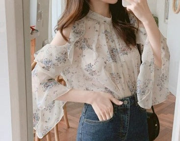 Women's Off-Shoulder Chiffon Blouse - Stylish and Sweet Top