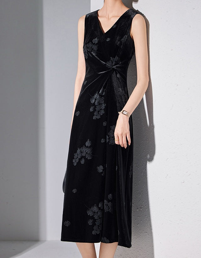 High-End Gold Velvet Black Suspender Slim Dress