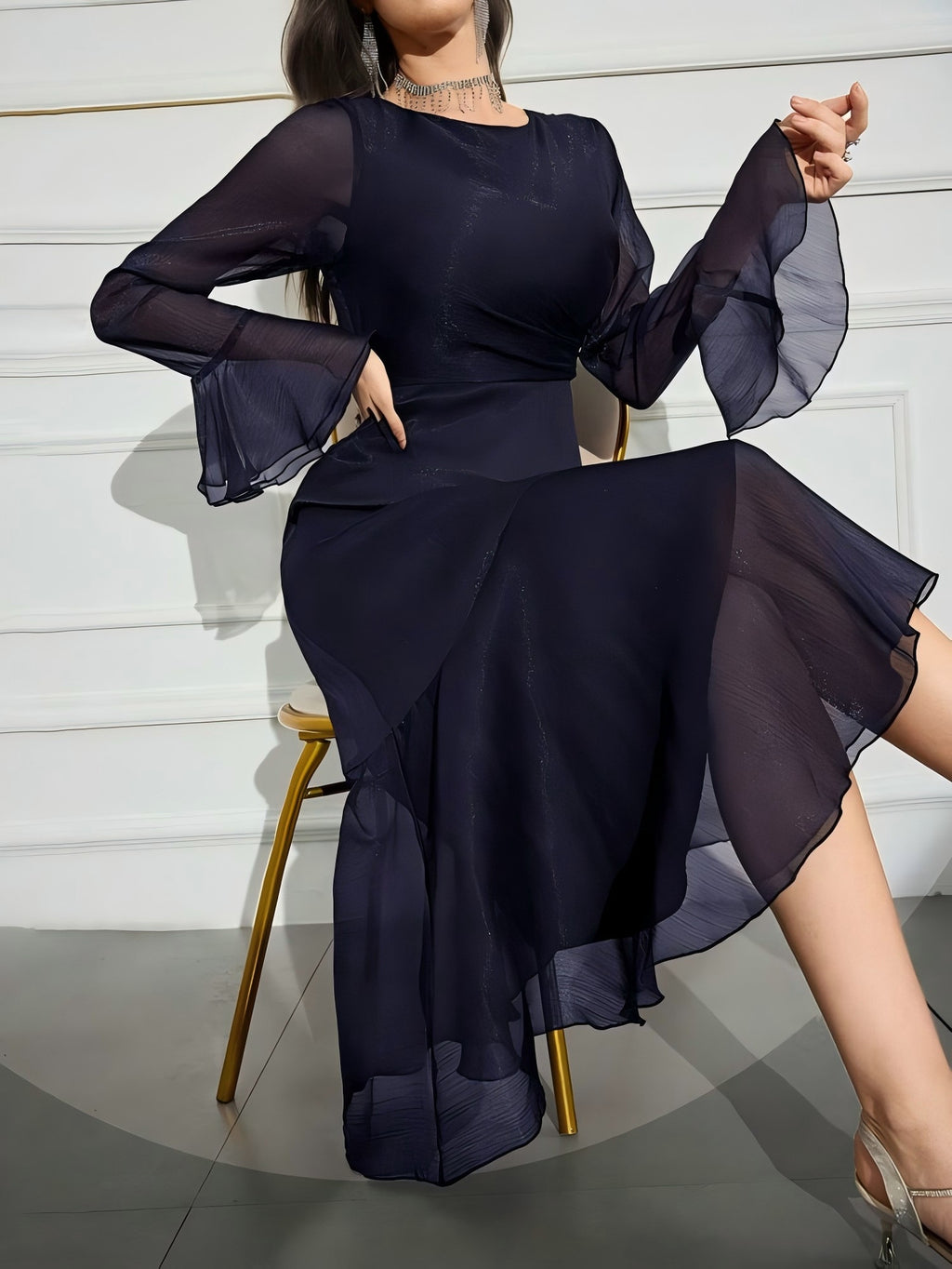 Women's Slim Fit Flared Sleeve Irregular Hem Fishtail Midi Dress