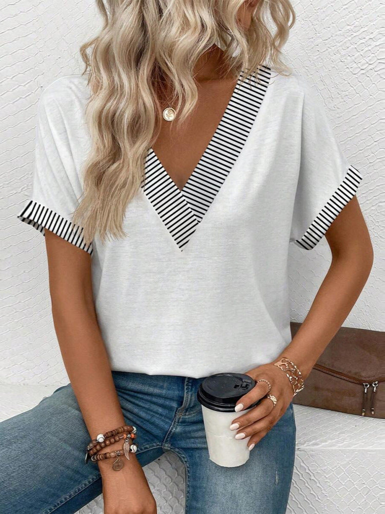 Women's Summer V-Neck Short Sleeve Solid Color Casual Top