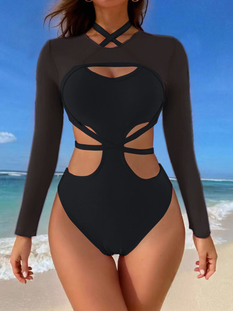 Mesh Strap Solid Color Bikini Swimsuit for Women