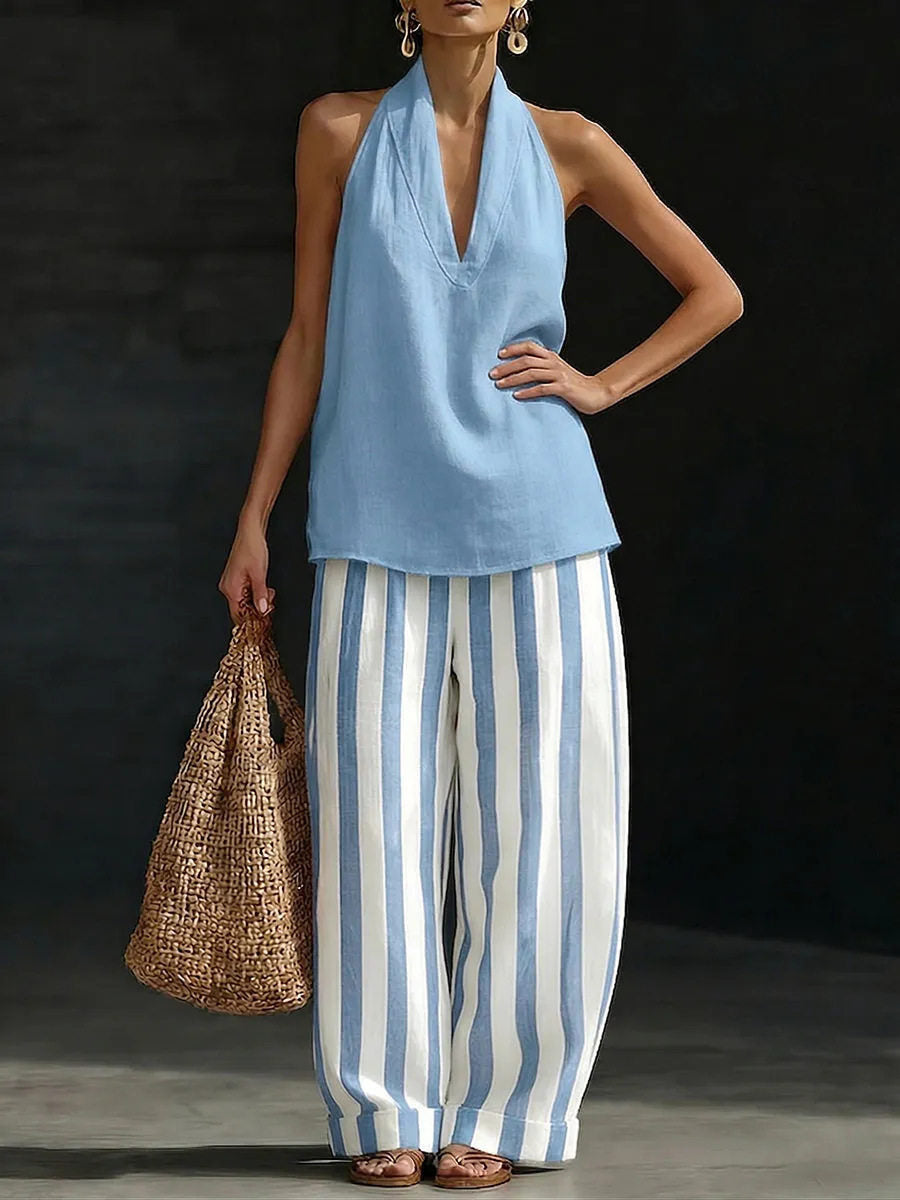 Women's Halter Neck Top & Straight Leg Striped Casual Pants Two-Piece Outfit Set