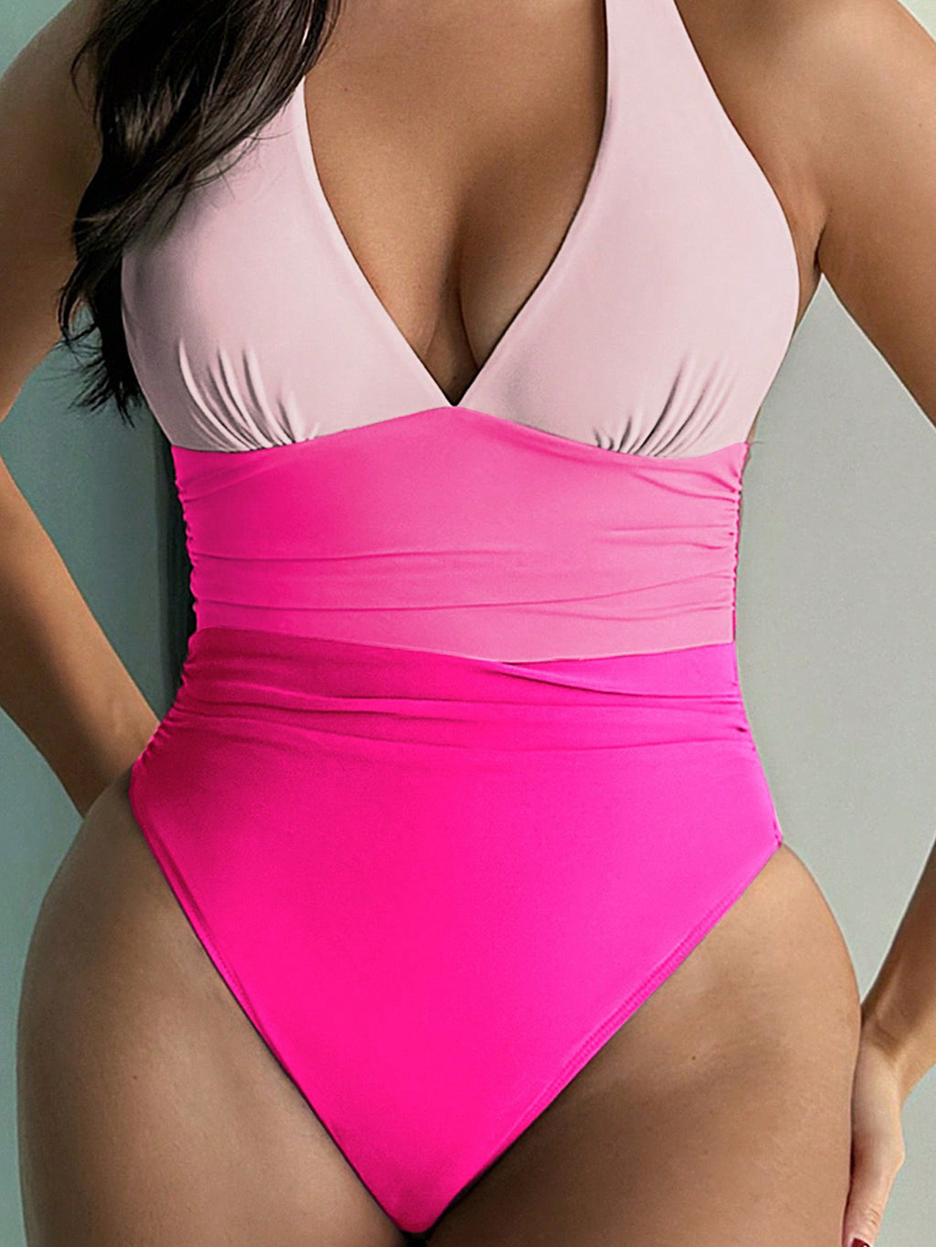 New Color-Matching Deep V Neck Backless One-Piece Bikini Swimsuit for Women