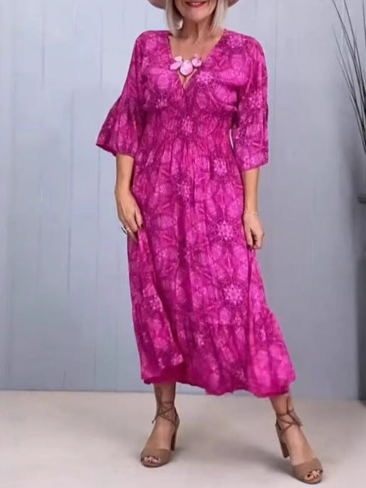 Summer New Printed V Neck Elegant Dress for Women