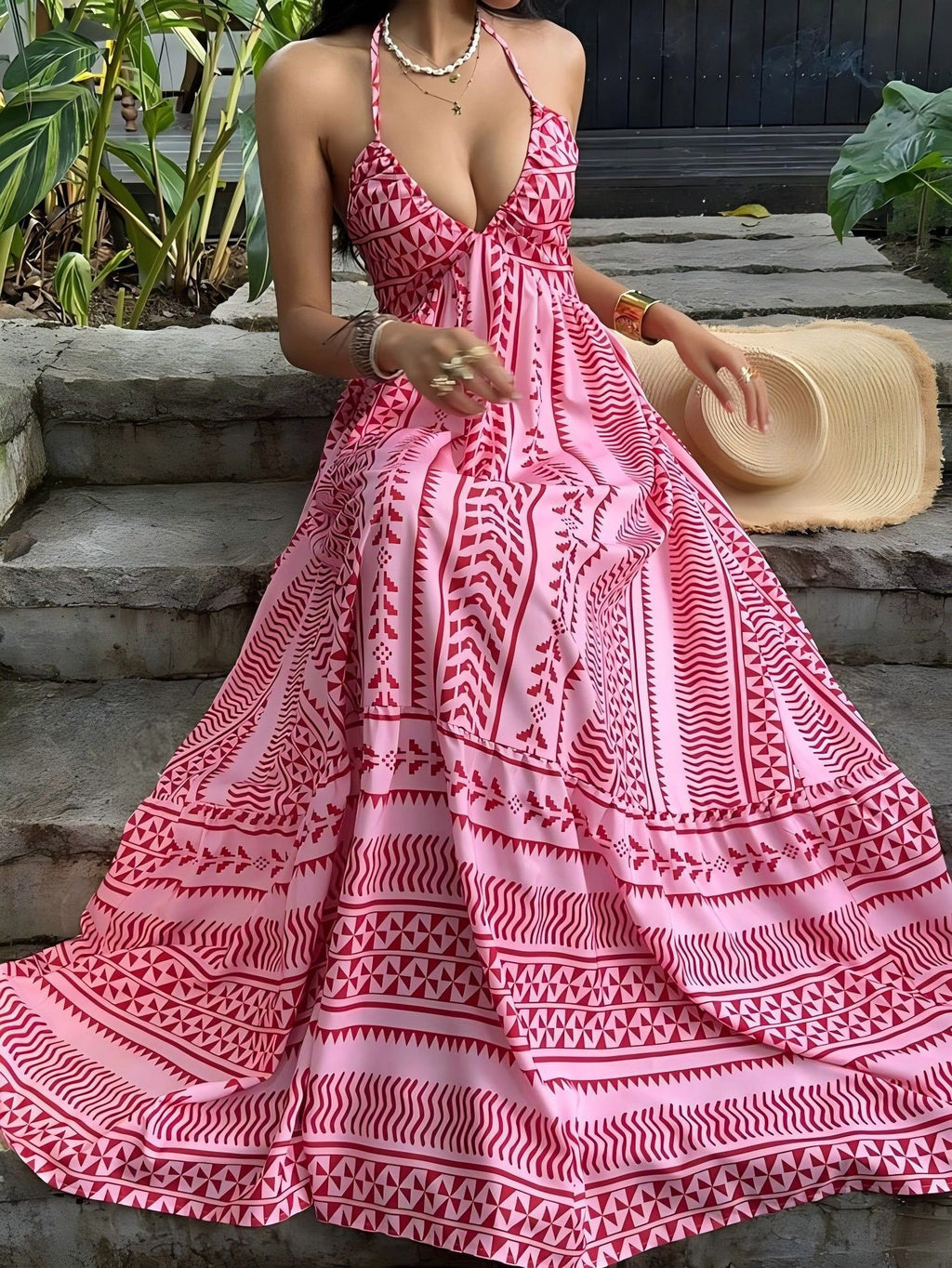 Stylish Women's Printed Suspender Maxi Dress Summer Bohemian Resort Beach Vacation Casual Sleeveless Long Dress