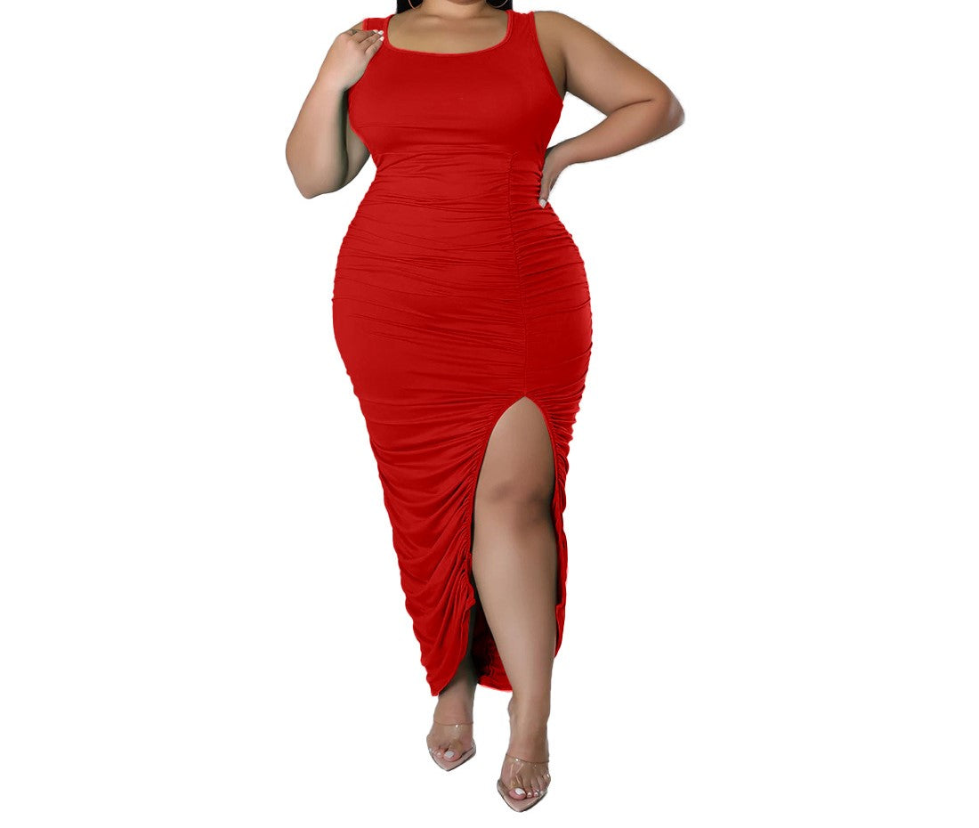 Summer Solid Color Sleeveless Slim-Fit Pleated Slit Dress for Women