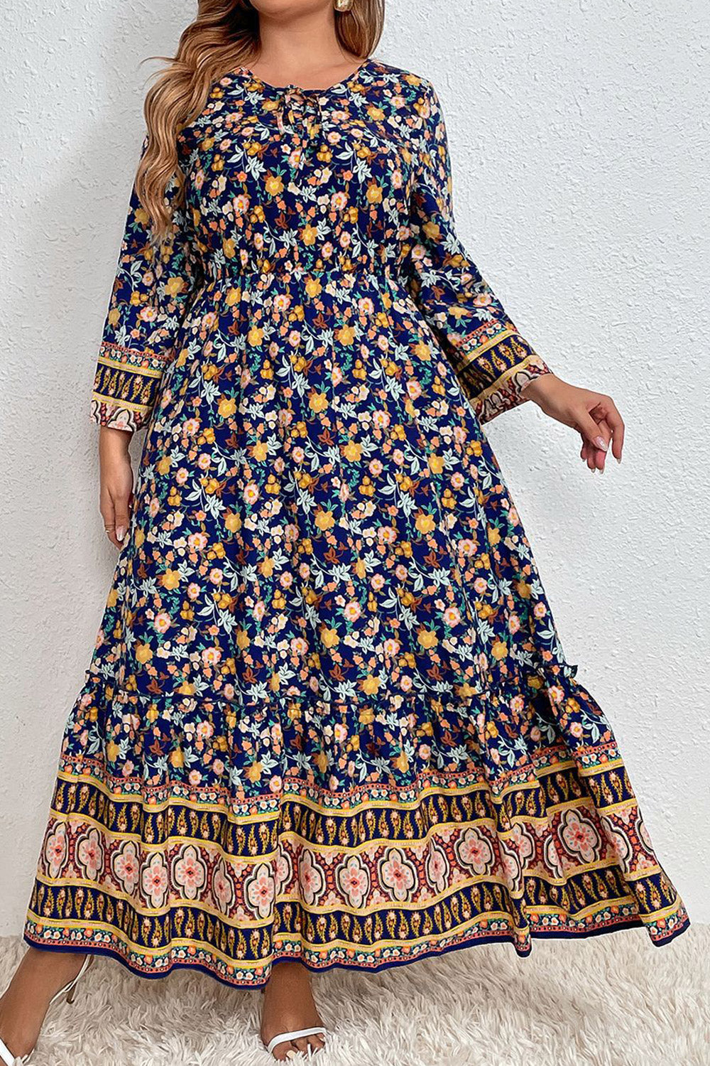 Women Plus Long Sleeve Floral Print High Waist Maxi Dress