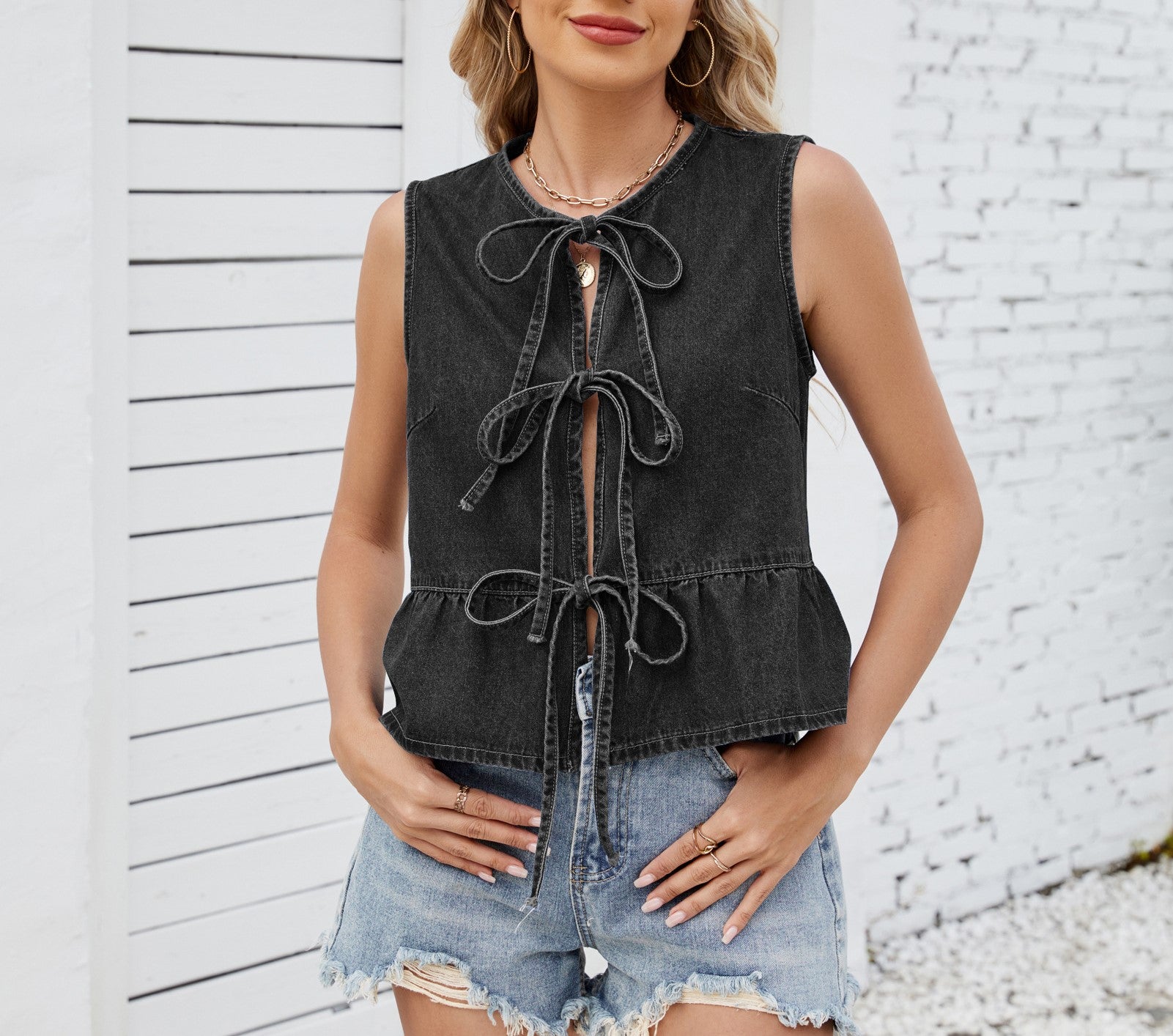 New Summer Ruffled Lace-Up Denim Vest Top for Women - Sleeveless Casual Crop Tank with Frayed Hem