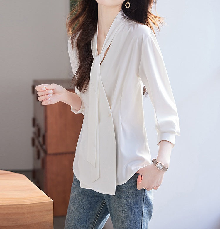 Elegant Women's Bow Detail Long-Sleeve Shirt - Premium Spring & Autumn Fashion Top