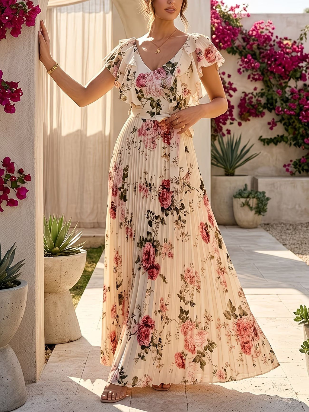 Women's Plus Size Printed Pleated Maxi Dress with V-Neck Ruffle Sleeves Waist-Defining A-Line Vacation Long Dress