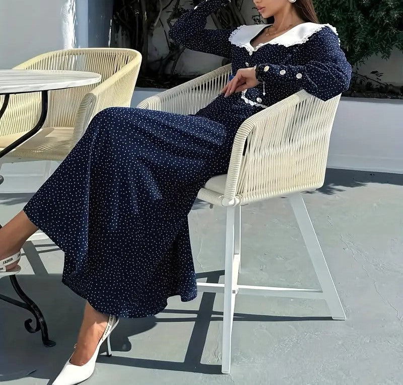 Women's Elegant Contrast Color Lotus Collar Polka Dot Long Sleeve Midi Dress