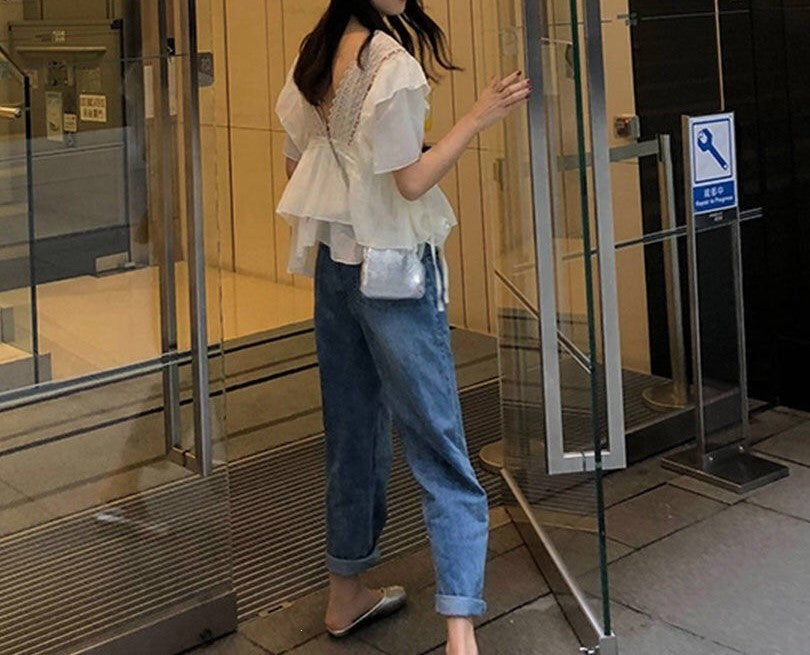 Women's Ruffled V-Neck Lace Chiffon Blouse – Elegant Loose Fit Short Sleeve Apricot Cream Top