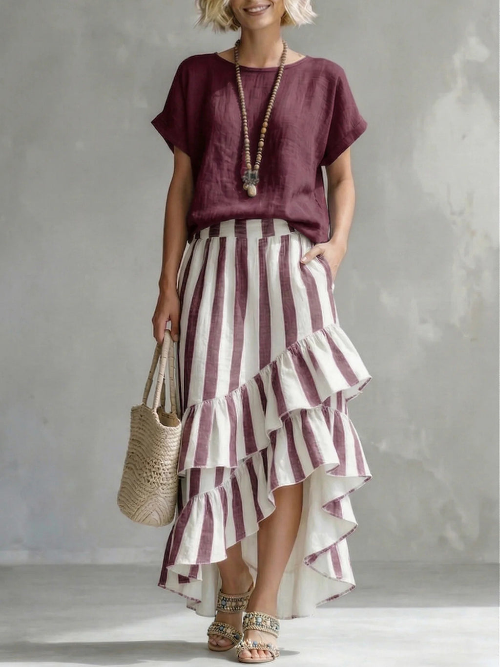 Women's Round-Neck Top and Striped Layered Skirt Two-Piece Set