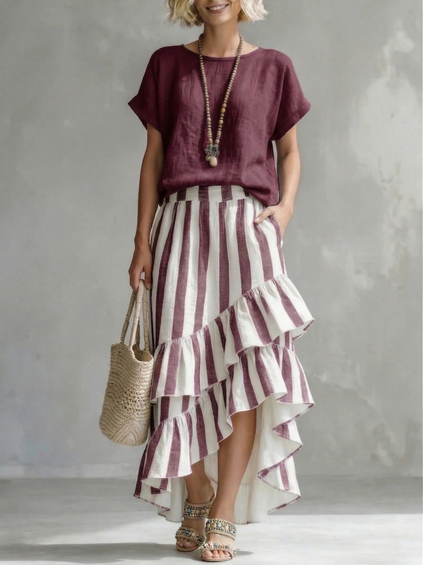 Women's Round-Neck Top and Striped Layered Skirt Two-Piece Set