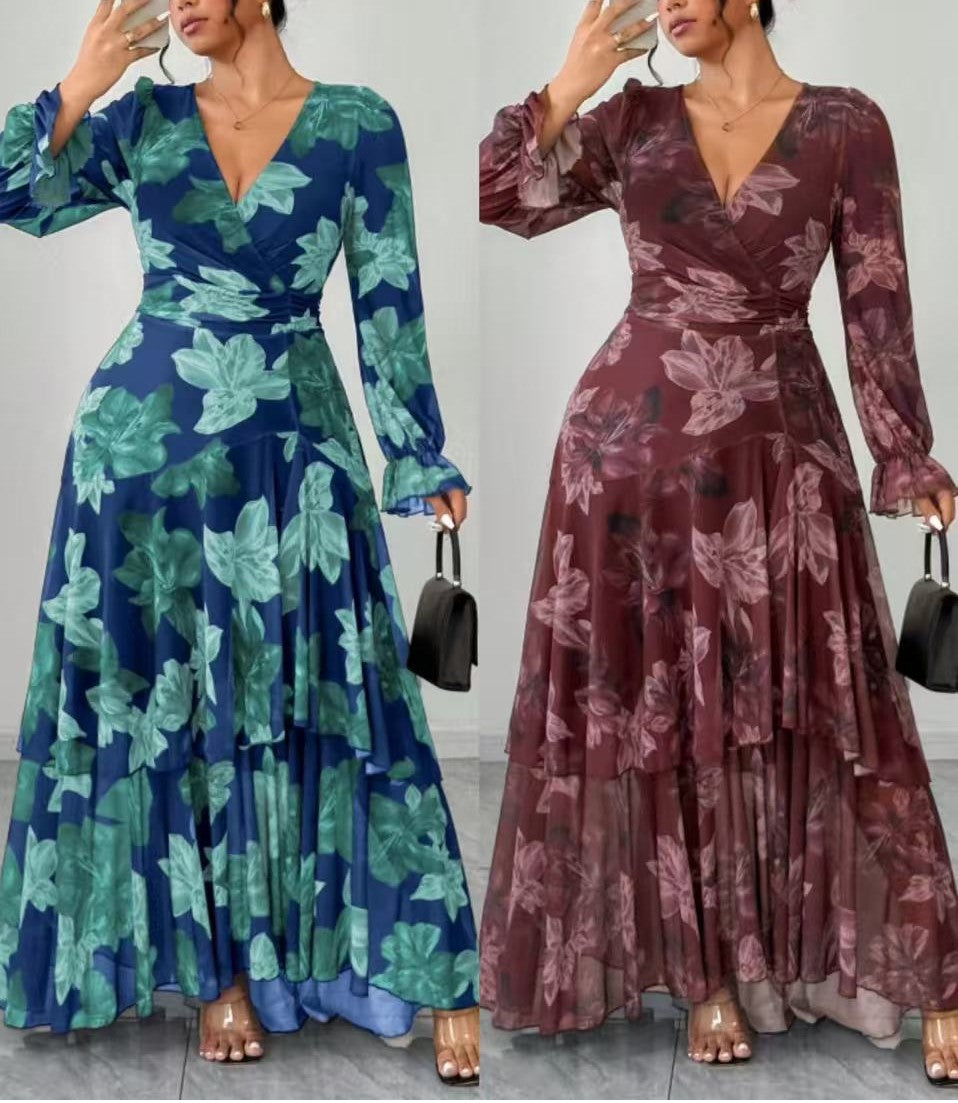 Women's Plus Size Floral Print Maxi Dress with Ruffled Hem, V-Neck, Waist-Cinching A-Line Long Dress