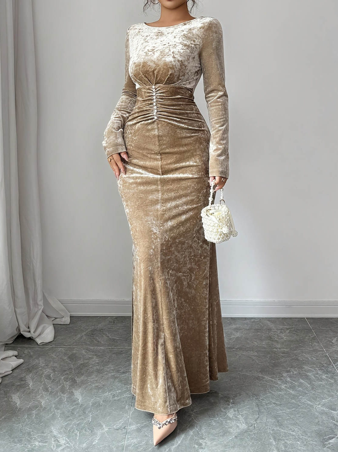 Women's Slim Fit Pleated Velvet Long Sleeve Evening Maxi Dress