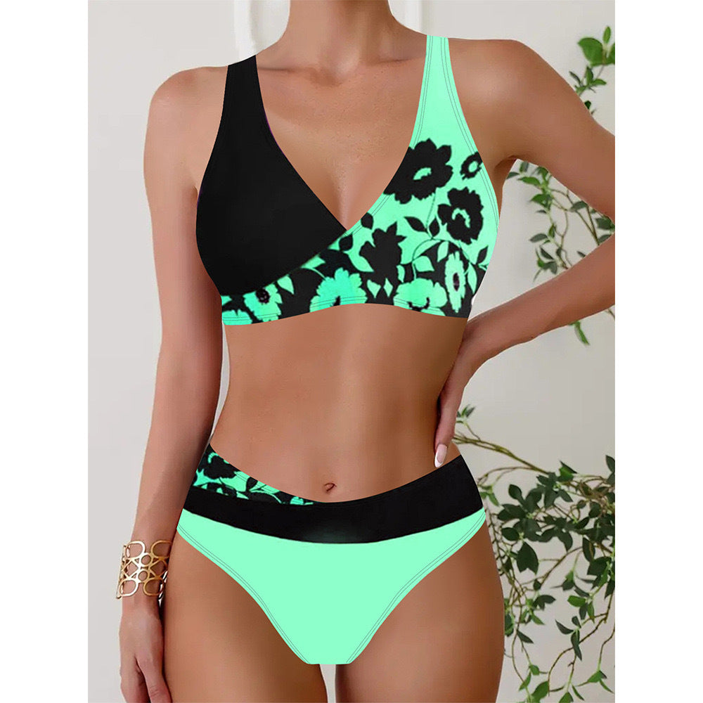 New Digital Print Cross V-Neck Bikini with High Waist Split Design