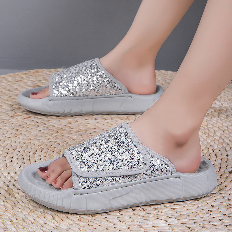 Women's Summer Sequined Platform Sandals - Comfortable Beach Slip-On Slippers