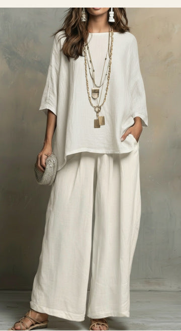 Women's Solid Color Half Sleeve Casual Two-Piece Top and Pants Set