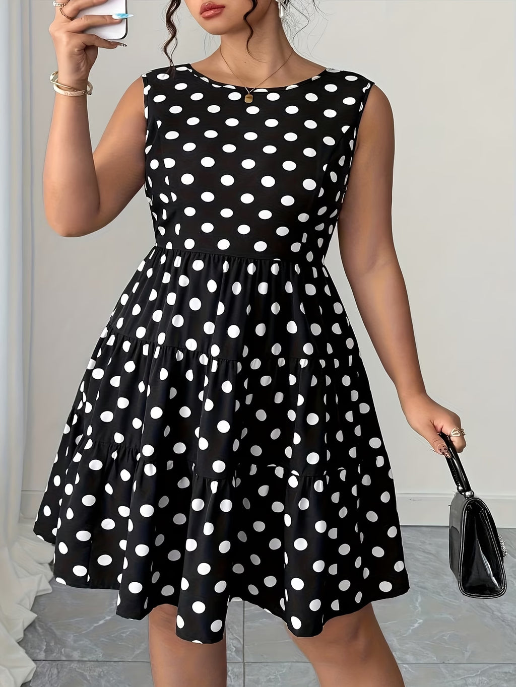 Women's Plus Size Polka Dot Midi Dress - Summer Retro Style, Waist-Defining, Short Sleeve, Comfortable Casual Dress