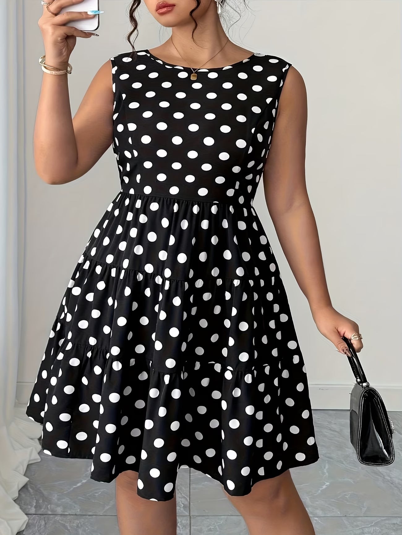 Women's Plus Size Polka Dot Midi Dress - Summer Retro Style, Waist-Defining, Short Sleeve, Comfortable Casual Dress