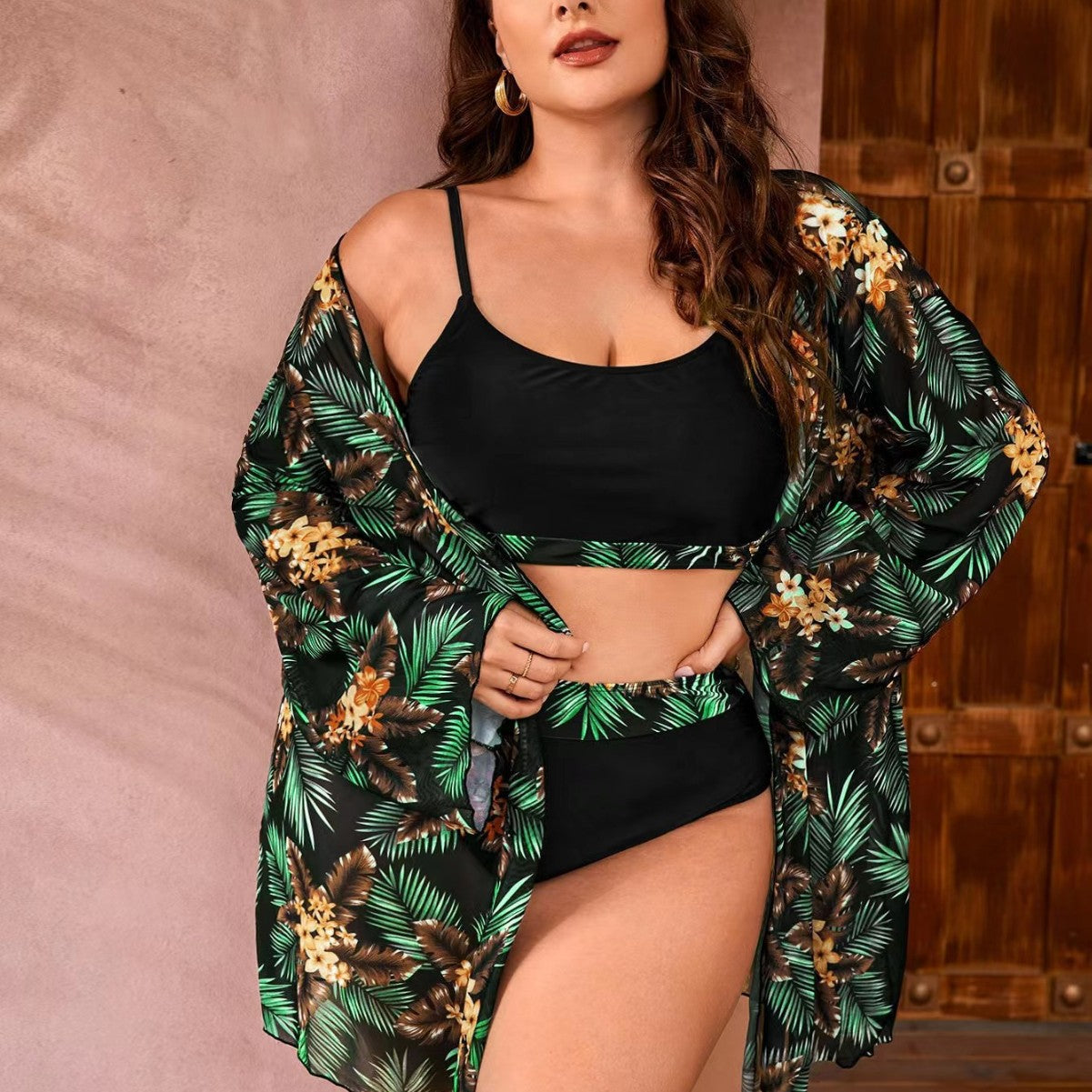 Plus Size Three-Piece Swimsuit Set with Digital Print Mesh Cover-Up – Women’s Beach Sun Protection Swimwear