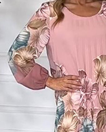 Women's Elegant Crewneck Puff Sleeve Pleated Printed Dress