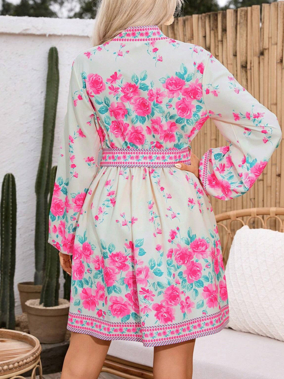 Women's Printed V-Neck Floral Long Sleeve Belted Lantern Sleeve Maxi Dress
