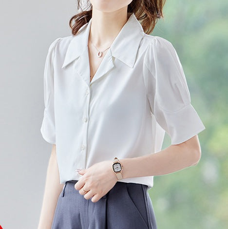Women's Casual Light Yellow Short Sleeve Shirt - Lightweight Design